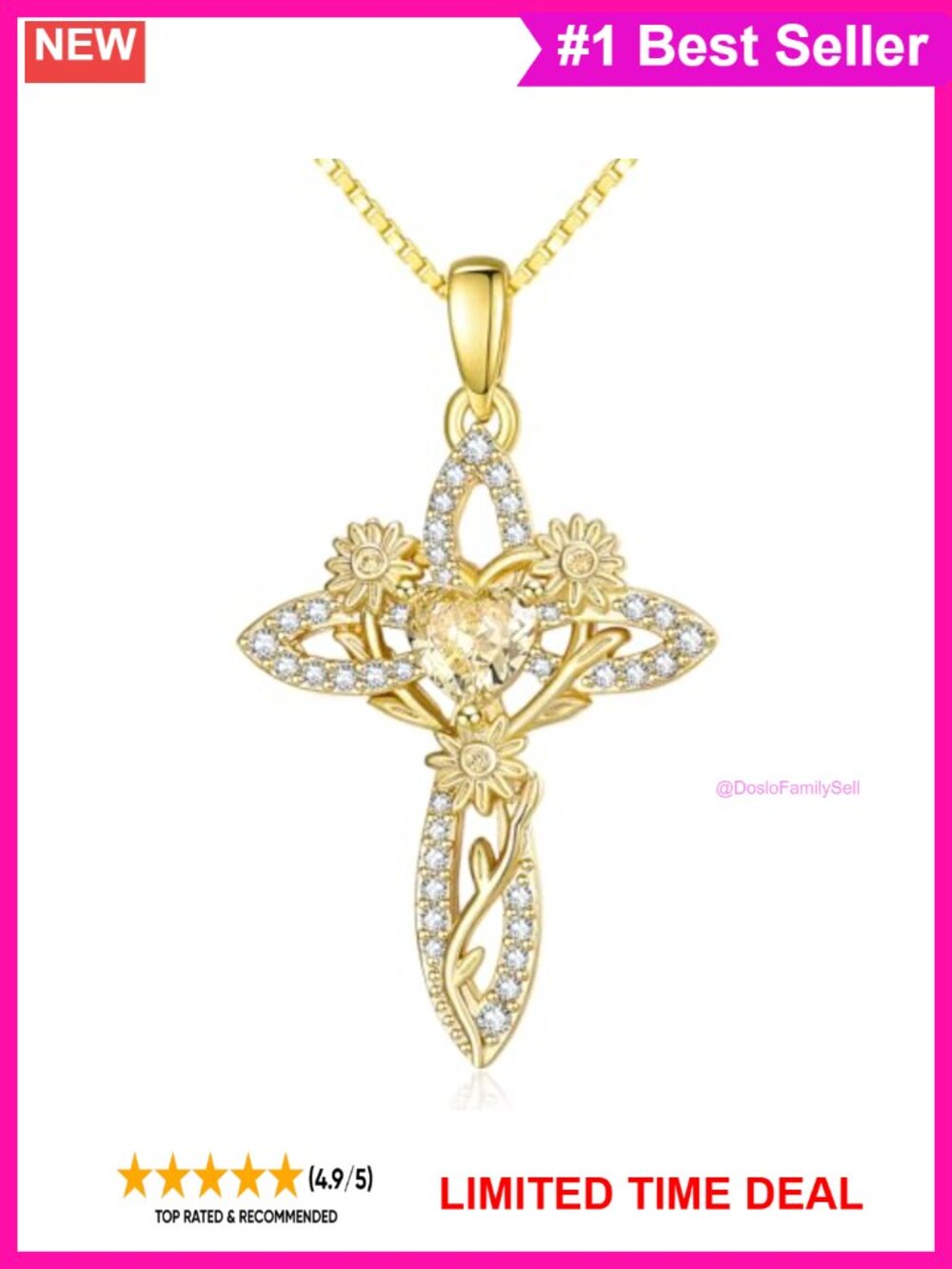 14K Gold Plated Cross Sunflower Pendant Necklace Cubic Zirconia
